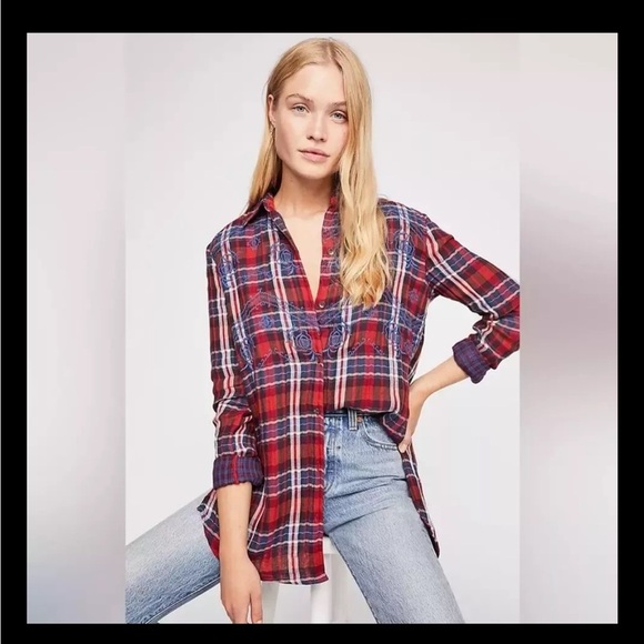 Free People Magical Plaid Shirt XS Embroidered Red Blue - Picture 1 of 8